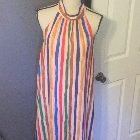 ❌DONATED❌Tan Blue Multicolor Stripe Halter Lined Maxi Dress - Picture 2 of 9